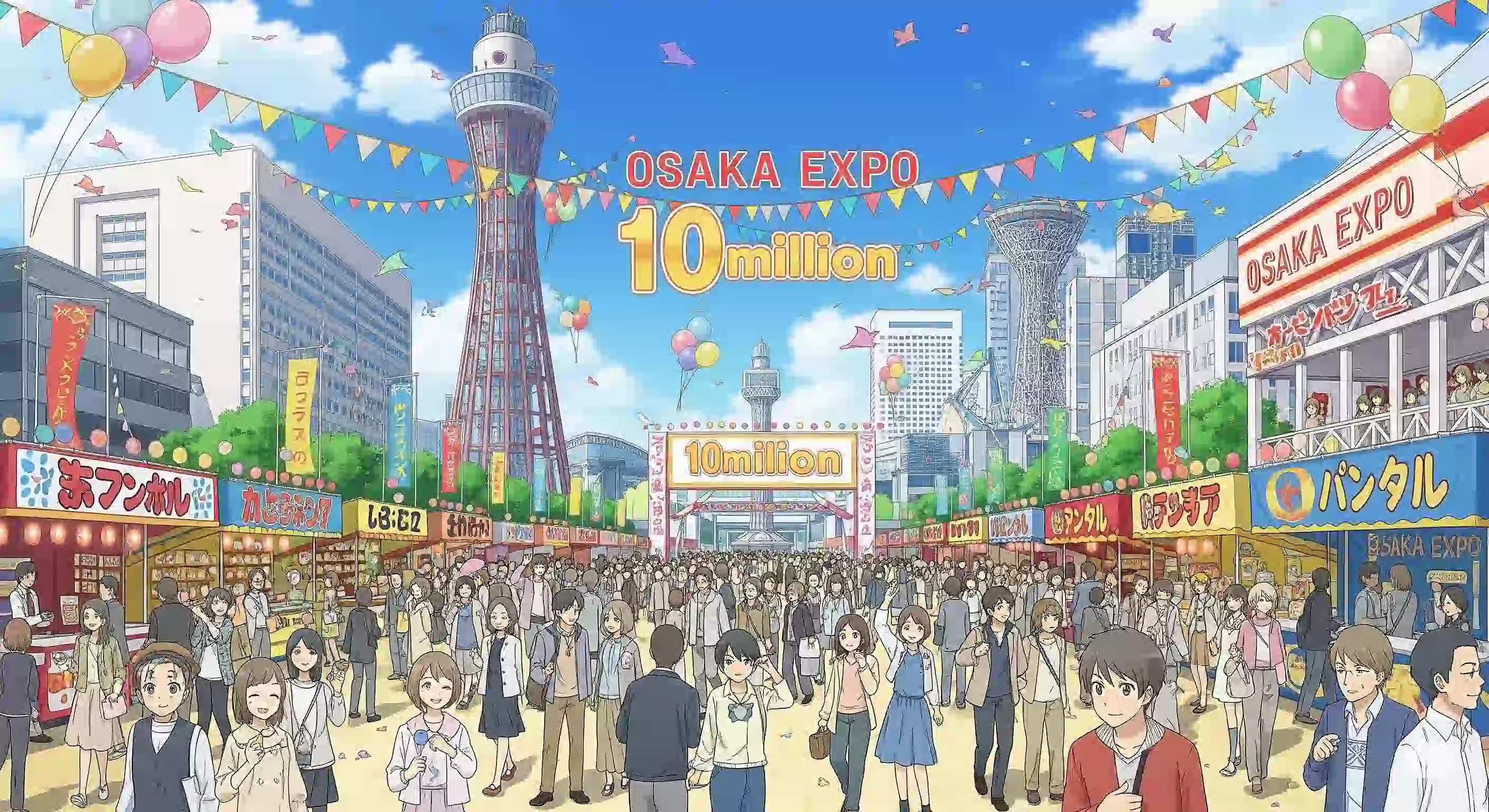 祝！大阪万博来場者数1000万人突破。賑わう会場のアニメ風イラスト
