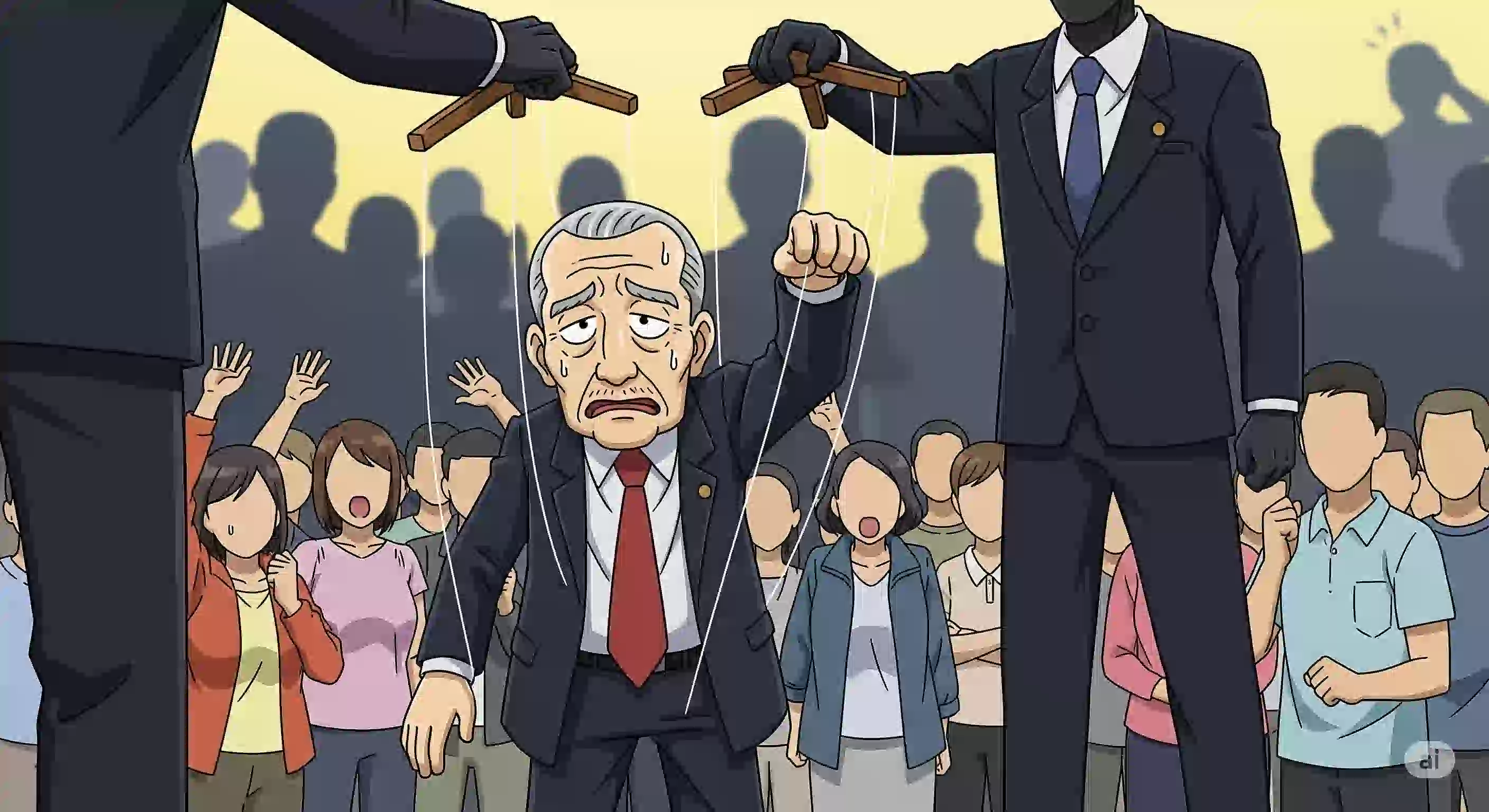 鈴木宗男氏の自民党出戻りに対する茶番劇を表現したアニメ風イラスト