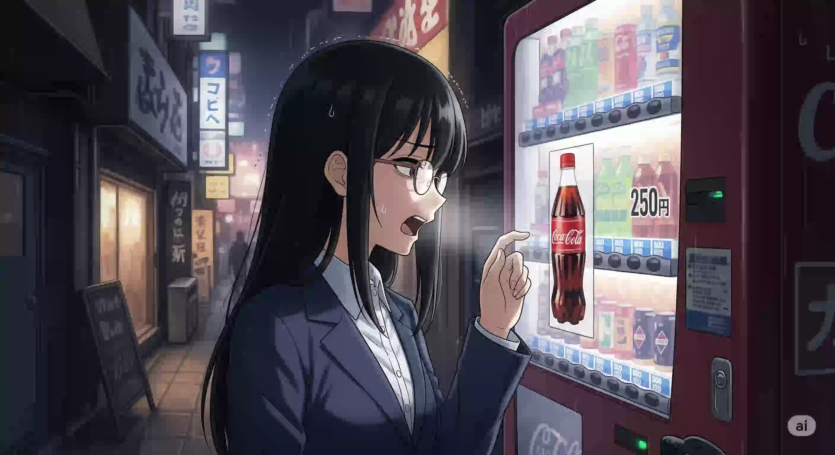 夜の自動販売機の前で、コカ・コーラの価格を見てため息をつく女性会社員のアニメ風イラスト。