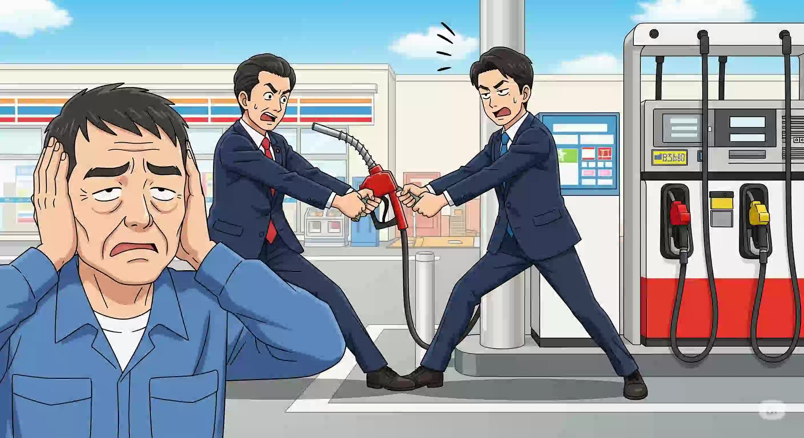 ガソリンスタンドでガソリンポンプを奪い合う2人のスーツ姿の政治家と、それを見て「やれやれ」と呆れている一般人男性のアニメ風イラスト