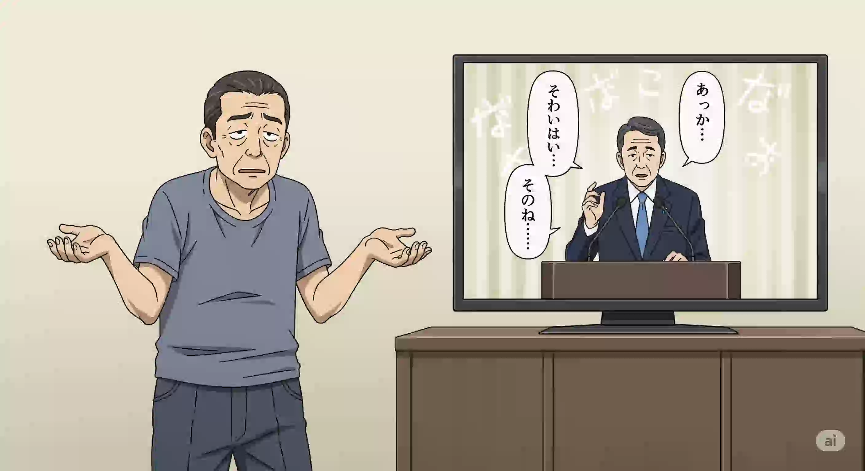 石破総理の「3つのアプローチ」演説をテレビで見ながら、なにわの辛口おっちゃん評論家が「またポエムか」と呆れている様子の風刺アニメイラスト。