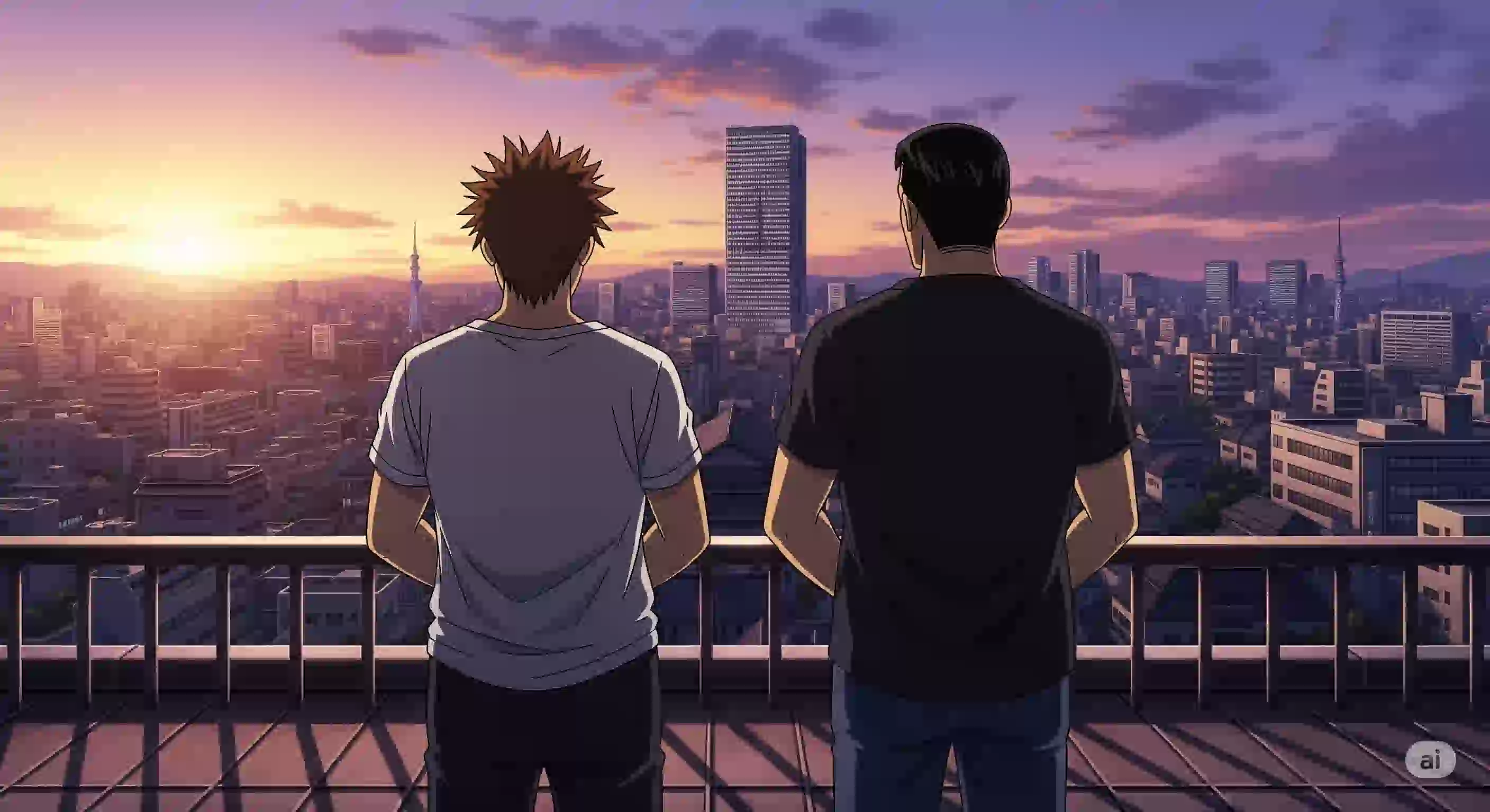 アニメ風のイラスト。夕暮れの街を眺めながら並んで立つ、お笑いコンビを思わせる二人の男性の後ろ姿。長年のコンビへの感謝と、一つの時代の終わりを表現。