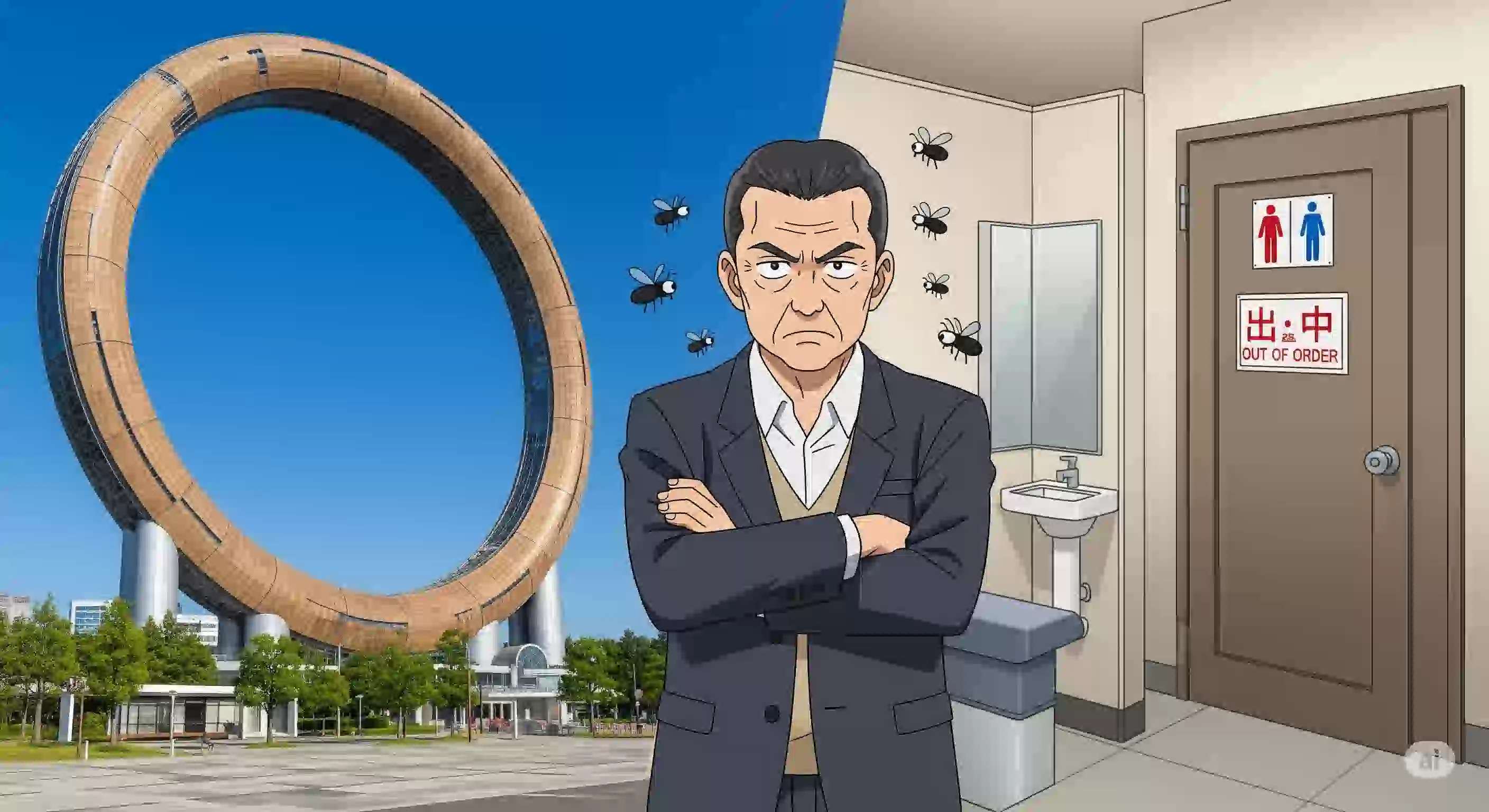 アニメ風のイラスト。背景には青空と雄大な万博のリングが描かれているが、手前では怒った表情の「なにわのおっちゃん」が腕を組んでいる。彼の周りには虫が飛び、横のトイレには「故障中」の貼り紙がある。理想と現実の皮肉な対比が表現されている。