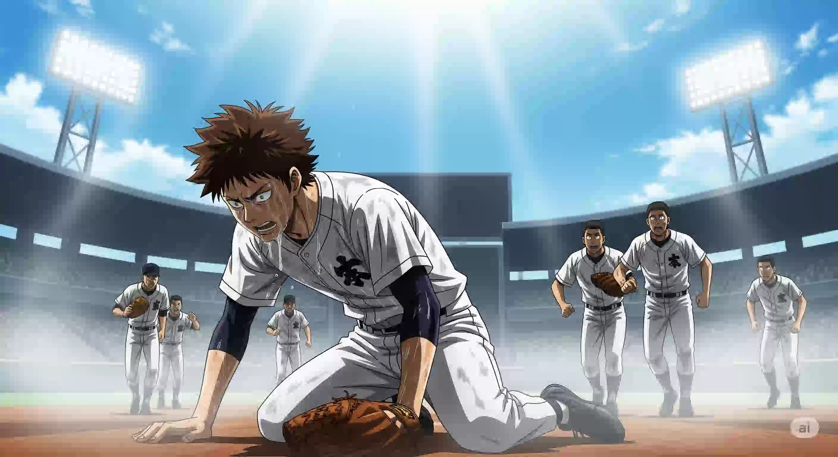 炎天下の野球場で、マウンドに崩れ落ちるピッチャーのイラスト。夏のスポーツにおける熱中症の危険性を表現している。