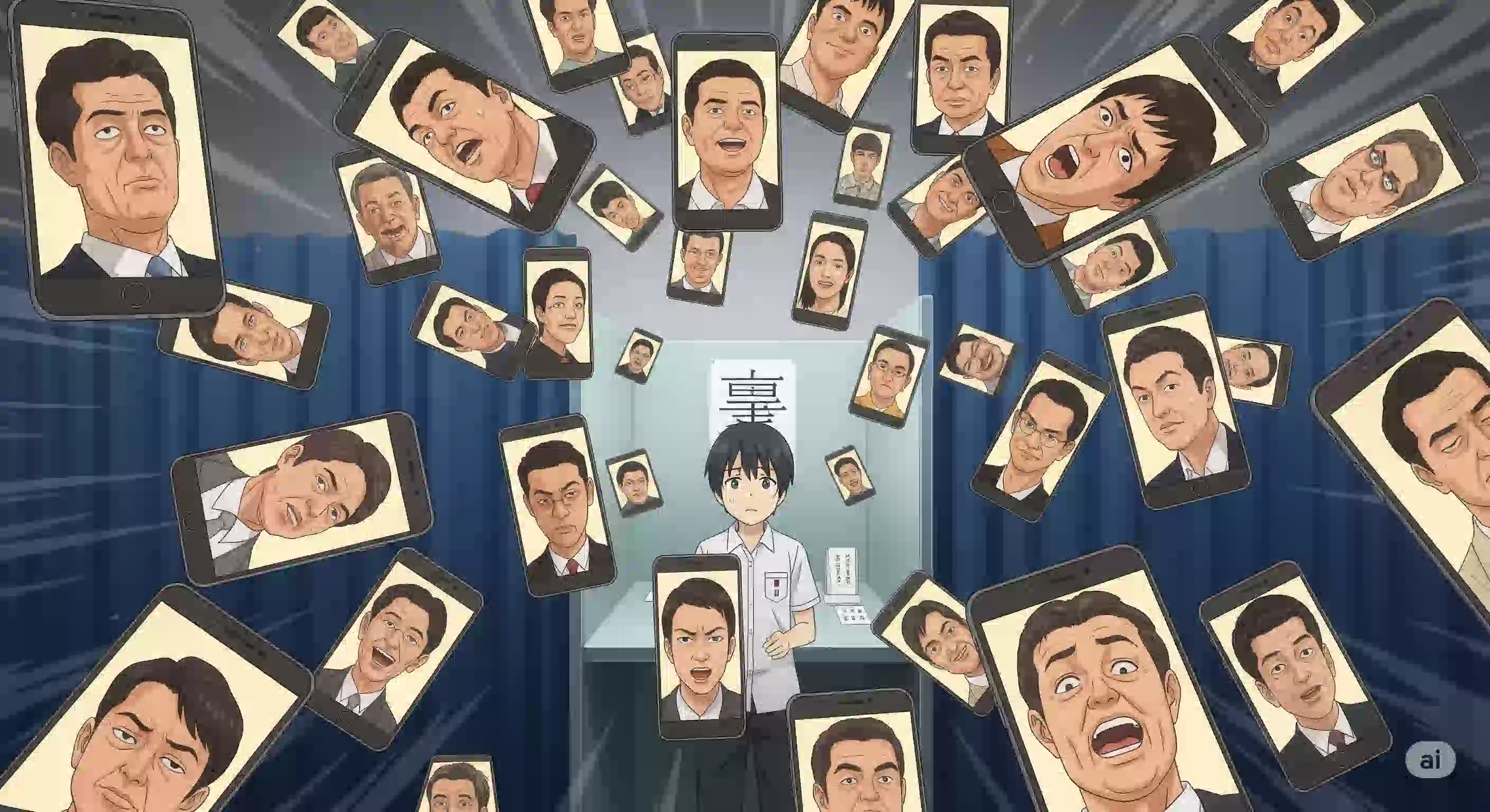 アニメ風のイラスト。投票所で、大量のスマートフォンに囲まれ困惑した表情を浮かべる有権者。各スマートフォンの画面には、扇動的に切り取られた政治家の顔が映し出されており、情報操作によって投票先を決めかねている様子を表現しています。